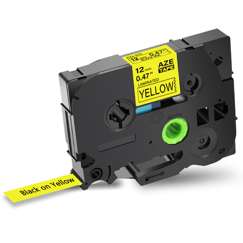Aze-631 Strong Adhesive Laminated Label Tape - Black on Yellow 12mm