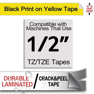 Aze-631 Strong Adhesive Laminated Label Tape - Black on Yellow 12mm